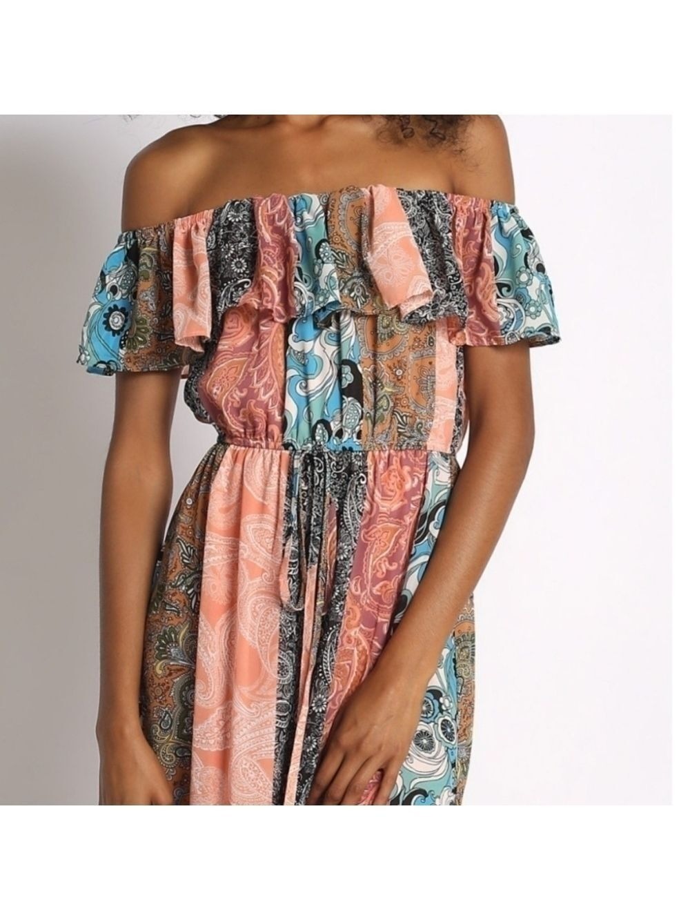 BOHO OFF SHOULDER PATCH PRINT MAXI DRESS Flounce Tie Waist Sz: L - Picture 2 of 6